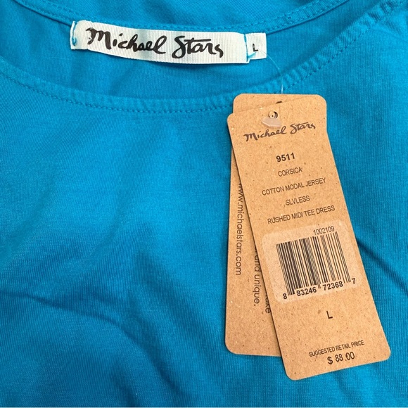 Michael Stars Ruched Midi Tee Dress NWT Sleeveless Asymmetrical Hem Blue Large - Picture 3 of 14